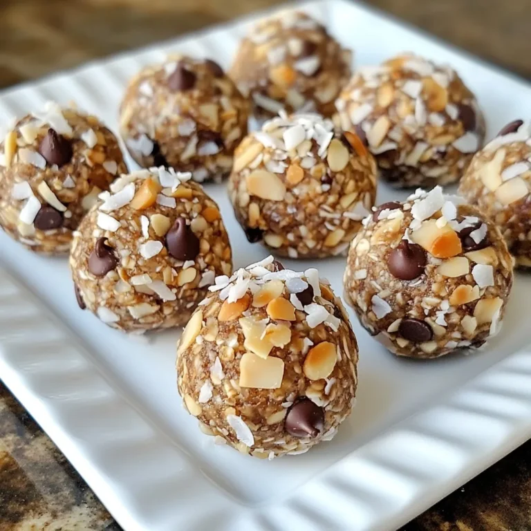To make Almond Joy Energy Balls, you need these simple ingredients: - 1 cup rolled oats - 1 cup shredded unsweetened coconut - 1/2 cup almond butter - 1/4 cup honey or maple syrup - 1/4 cup dark chocolate chips - 1/4 cup chopped almonds - 1 teaspoon vanilla extract - Pinch of sea salt These ingredients work together to create a tasty and nutritious snack. Almond Joy Energy Balls provide a great mix of nutrients. Each ball is packed with fiber, healthy fats, and protein. Here’s a breakdown of what you’ll get from one energy ball (assuming you make about 12 to 15): - Calories: 100-120 - Carbohydrates: 12-15g - Protein: 3-4g - Fat: 5-7g - Fiber: 2-3g These numbers may vary based on the exact portions and brands used. You can easily adapt this recipe to fit different diets. Here are some great swaps: - Nut-free: Use sunbutter instead of almond butter. - Vegan: Choose maple syrup instead of honey for sweetness. - Gluten-free: Ensure your oats are certified gluten-free. - Low-sugar: Reduce the amount of chocolate chips or use sugar-free options. These changes allow everyone to enjoy these delicious energy balls. {{ingredient_image_1}} To start, gather all your ingredients. You will need rolled oats, shredded coconut, almond butter, honey or maple syrup, dark chocolate chips, chopped almonds, vanilla extract, and a pinch of sea salt. Measure each ingredient carefully to keep the balance right. This step is key for a tasty result. In a large mixing bowl, add 1 cup of rolled oats and 1 cup of shredded coconut. Mix them well. This helps to blend the flavors. In a separate bowl, combine 1/2 cup of almond butter, 1/4 cup of honey or maple syrup, 1 teaspoon of vanilla extract, and a pinch of sea salt. Stir until the mixture is smooth and creamy. This smooth mix will bind your energy balls together. Next, pour the almond butter mix into the oats and coconut. Add in 1/4 cup of dark chocolate chips and 1/4 cup of chopped almonds. Use your hands or a spatula to mix everything together. Make sure all ingredients are combined well. The mixture should feel sticky and hold together when pressed. Now it’s time to shape the energy balls. Scoop out tablespoon-sized portions of the mixture. Roll each portion into a ball with your hands. You should end up with about 12 to 15 energy balls. Place the formed energy balls on a parchment-lined baking sheet or plate. This keeps them from sticking. Finally, refrigerate them for at least 30 minutes. This step helps them set and firm up nicely. Enjoy the fun process of making these tasty snacks! To get the best texture in your Almond Joy Energy Balls, focus on a few key steps. First, use fresh rolled oats. They add great texture and chewiness. Avoid instant oats, as they can make the balls too mushy. Second, make sure your almond butter is smooth and creamy. This helps blend all the ingredients well. When mixing, combine the oats and coconut well before adding the wet mix. The right stickiness is key. You want them to hold together but not be too wet. These energy balls are great for any time of the day. You can enjoy them as a quick breakfast or a midday snack. For a fun twist, serve them with yogurt or fruit. You can also pack them for school or work. Place the energy balls in a clear jar for a pretty display. Add a sprinkle of extra shredded coconut on top. This gives a nice touch and makes them look inviting. Cleaning up after making energy balls can be easy. After mixing, soak the bowls in warm soapy water right away. This helps loosen any sticky bits. For your hands, use a bit of oil before mixing. This makes it easier to wash off any residue. Keep a damp cloth nearby for quick clean-ups. If you use parchment paper, you can just toss it out after. This saves time and keeps your kitchen tidy. Pro Tips Chill for Better Shape: Refrigerating the energy balls for at least 30 minutes helps them firm up, making them easier to handle and roll. Customize Your Nuts: Feel free to swap the chopped almonds with other nuts like walnuts or pecans for a different flavor profile. Sweetener Substitutions: You can replace honey with agave syrup for a vegan option, or use coconut nectar for a lower glycemic index. Boost the Flavor: Add a pinch of cinnamon or a tablespoon of cocoa powder to the mixture for an extra layer of flavor. {{image_2}} You can add fun flavors to your Almond Joy Energy Balls. Try adding a sprinkle of cinnamon for warmth. A dash of almond extract gives a deeper nut taste. If you love chocolate, add more dark chocolate chips or cocoa powder. These small changes make a big difference in taste. Feel free to swap ingredients based on what you have. If you don’t have almond butter, peanut butter works great too! For sweeteners, use agave syrup instead of honey. This will keep your energy balls sweet and sticky. You can also change the nuts. Use walnuts or pecans for a different crunch. You can create other energy ball flavors too. Try adding dried fruits like raisins or cranberries for sweetness. Seeds like chia or flax can boost nutrition. For a tropical twist, swap in macadamia nuts and dried pineapple. These alternatives keep the recipe fresh and exciting! To keep your Almond Joy Energy Balls fresh, store them in an airtight container. You can place them in the fridge if you plan to eat them within a week. The cool temperature helps them stay firm and tasty. If you want to enjoy them later, freezing is a great option. To freeze your energy balls, first, let them cool in the fridge for 30 minutes. After that, place them in a single layer on a baking sheet. Freeze them for about 1-2 hours. Once they are firm, transfer them to a freezer bag. Be sure to remove as much air as you can before sealing. This method keeps them fresh for up to three months. When stored in the fridge, Almond Joy Energy Balls last about one week. If you freeze them, they can last for three months. To check if they are still good, look for any changes in color or smell. If they look dry or smell off, it’s best to toss them. Enjoy these tasty treats while they are fresh for the best flavor! Yes, you can use other nut butters. Peanut butter or cashew butter work well. Each nut butter adds its own flavor. Almond butter gives a creamy texture and a nutty taste. Choose what you like best! These energy balls can last up to one week in the fridge. Store them in an airtight container. You can also freeze them for longer storage. If frozen, they can last up to three months. Just let them thaw before eating. Yes, Almond Joy Energy Balls are gluten-free. The main ingredients, oats and nuts, do not contain gluten. However, check the oats for a gluten-free label. This helps avoid cross-contamination if you have a gluten allergy. Enjoy this tasty snack worry-free! This blog post covered how to make Almond Joy Energy Balls, from ingredients to storage. We discussed essential details like nutritional info, substitutions, and steps to create delicious treats. I shared tips for texture and serving ideas, plus variations to suit your taste. Remember, you can customize your energy balls to fit dietary needs. Storing them properly keeps them fresh longer. Enjoy your healthy snacks knowing they are both tasty and easy to make.