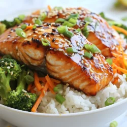 - 2 salmon fillets - 1/2 cup soy sauce (low sodium) - 1/4 cup honey - 2 tablespoons rice vinegar - 1 tablespoon grated ginger - 2 garlic cloves, minced - 2 cups cooked jasmine rice - 1 cup steamed broccoli florets - 1 cup shredded carrots - 1/4 cup sliced green onions - Sesame seeds The main ingredients give this dish its rich flavor. Salmon fillets are the star. They provide healthy fats and protein. Low sodium soy sauce adds a savory taste without too much salt. Honey adds sweetness and balances the soy sauce. Rice vinegar brings a bit of tang. For the extra flavor, we use ginger and garlic. They give the dish warmth and depth. Cooked jasmine rice makes a soft and fragrant base. It perfectly absorbs the teriyaki sauce. Toppings make it fun! Steamed broccoli adds color and crunch. Shredded carrots give it a nice sweetness and bright color. Sliced green onions add freshness. Finally, sesame seeds provide a nutty finish. You can mix and match toppings. Feel free to add your favorite veggies. This makes it a personal meal each time. {{ingredient_image_1}} Start by whisking together the following in a small bowl: - 1/2 cup soy sauce - 1/4 cup honey - 2 tablespoons rice vinegar - 1 tablespoon grated ginger - 2 minced garlic cloves This mix creates a sweet and salty teriyaki sauce. The ginger and garlic add depth. You can taste it and adjust if you want it sweeter or saltier. Next, place your two salmon fillets in a shallow dish. Pour half of the teriyaki marinade over the salmon. Make sure it covers the fish well. Let it sit for at least 15 minutes. This step is key for great flavor. Now, heat your grill or grill pan to medium-high. Remove the salmon from the marinade and place it on the grill. Cook each side for 4 to 5 minutes. You want the salmon to be cooked through and flaky. Brush some of the reserved marinade on the fish during the last minute. This makes it extra tasty. While the salmon cooks, get your rice bowls ready. Divide 2 cups of cooked jasmine rice into two bowls. Top the rice with 1 cup of steamed broccoli and 1 cup of shredded carrots. Finally, place the grilled salmon on top. Drizzle any leftover teriyaki sauce over everything for more flavor. Garnish the bowls with sliced green onions and a sprinkle of sesame seeds. Enjoy your meal! How to tell when salmon is cooked You can tell salmon is done when it flakes easily with a fork. The inside should be a light pink color. If it looks bright and shiny, it may need more time. Aim for an internal temperature of 145°F for safety. Tips for grilling salmon Before you grill, make sure your grill is hot. This helps prevent sticking. Use oil on the grill grates or on the salmon itself. Grill the salmon skin-side down first. This helps keep it moist. Flip it gently, and don’t press down. You can add more depth to your teriyaki salmon with spices. Try a pinch of red pepper flakes for heat. A dash of sesame oil adds a nutty flavor. You can also use fresh herbs like cilantro or basil. For a twist, mix in some orange zest or a splash of lime juice. Best methods for cooking jasmine rice To cook jasmine rice, use a rice cooker for the best results. If you don’t have one, a pot works well too. Rinse the rice first to remove excess starch. Use a 1:1.5 rice-to-water ratio. Bring to a boil, then cover and reduce heat. Let it simmer for about 15 minutes. Turn off the heat and let it sit for another 10 minutes. Fluff it with a fork before serving. Pro Tips Marinate Longer for More Flavor: For a deeper flavor, consider marinating the salmon for 30 minutes to an hour instead of just 15 minutes. Perfectly Cooked Salmon: Use a meat thermometer to check for doneness; salmon is perfectly cooked at an internal temperature of 145°F (63°C). Add Variety with Vegetables: Feel free to add other vegetables like bell peppers or snap peas for extra color and nutrition. Serve with Extra Sauce: If you love teriyaki flavor, consider serving extra teriyaki sauce on the side for dipping! {{image_2}} You can switch the salmon for other fish. Tuna or swordfish work well too. If you prefer, try chicken or tofu for a different taste. Each option brings a unique flavor and texture. They all soak up the teriyaki marinade perfectly. Just follow the same marinating and cooking steps in the recipe. Feel free to mix up the veggies. Snap peas, bell peppers, or zucchini add great crunch. You can also toss in some corn or edamame for a pop of color. This dish is flexible, so use what you have on hand. More veggies boost the nutrition and flavor of your rice bowl. If jasmine rice isn’t your thing, try brown rice or quinoa. These grains have more fiber and nutrients. Cauliflower rice is a great low-carb option too. Each grain brings a different taste and texture, making your meal exciting. Experiment with what you like best to find your favorite base. To store teriyaki salmon rice bowls, let them cool before refrigerating. Place the rice, salmon, and veggies in airtight containers. Make sure to keep the sauce separate. This helps keep everything fresh and tasty. You can store the leftovers in the fridge for up to three days. If you want to freeze the leftovers, use freezer-safe containers. Freeze the salmon and veggies together. You can keep the rice in a separate bag. This way, you can enjoy the meal later. Teriyaki salmon rice bowls can last in the freezer for up to three months. Make sure to label the containers with the date. When you're ready to eat, you can reheat the dish. Use the microwave for quick reheating. Place the bowls in the microwave for about two minutes. Stir halfway to heat evenly. You can also reheat on the stovetop. Heat in a pan over medium heat, adding a splash of water for moisture. This method keeps the salmon juicy and the rice fluffy. To make teriyaki salmon, you need a few simple ingredients. Combine low sodium soy sauce, honey, rice vinegar, grated ginger, and minced garlic in a bowl. Whisk these together until smooth. This mix creates a rich teriyaki sauce. You can adjust the sweetness or saltiness by changing the honey or soy sauce amounts. The key is to let your salmon soak in the marinade for at least 15 minutes. This allows the flavors to soak in. Yes, you can use frozen salmon. Thaw it properly before cooking. The best way to thaw salmon is to put it in the fridge overnight. If you’re short on time, place the sealed salmon in cold water for about an hour. After thawing, pat it dry before marinating. This helps the sauce stick better. Cook the salmon as directed in the recipe. It should still be flavorful and tender. Several sides go great with teriyaki salmon rice bowls. Here are some tasty options: - Edamame: Lightly salted edamame offers a nice crunch. - Cucumber salad: A fresh cucumber salad adds a crisp contrast. - Miso soup: Warm miso soup complements the meal perfectly. - Seaweed salad: This adds a unique flavor and texture. These sides enhance the meal and provide balance to the flavors in the rice bowls. This blog post covered how to make teriyaki salmon rice bowls. We looked at key ingredients, like salmon, soy sauce, and jasmine rice. The cooking steps, from marinating the salmon to adding veggies, were clear and easy. I shared tips for perfecting your dish and different variations you can try. In the end, you can enjoy a healthy, tasty meal that’s simple to prepare. Whether you stick with salmon or try something new, this dish is sure to please. Happy cooking!