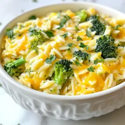 - 1 cup orzo pasta - 2 cups broccoli florets - 4 cups vegetable broth - 1 cup sharp cheddar cheese, shredded - 1 cup heavy cream - 2 tablespoons olive oil - 1 small onion, finely chopped - 2 cloves garlic, minced - 1/2 teaspoon paprika - Salt and pepper to taste - Fresh parsley, chopped (for garnish) Use sharp cheddar for a bold flavor. It melts well and adds creaminess. Fresh broccoli gives a nice crunch and vibrant color. You can use frozen broccoli if fresh is not available. Make sure to chop it into small pieces for even cooking. The vegetable broth adds depth. Choose a low-sodium version if you want to control salt levels. If you need a dairy-free option, use cashew cream instead of heavy cream. For cheese, try a dairy-free cheddar or nutritional yeast for a cheesy flavor. If you don't have orzo, use another small pasta like ditalini or even rice. You can also swap olive oil for butter for a richer taste. {{ingredient_image_1}} First, grab a medium pot and bring 4 cups of vegetable broth to a boil. This broth adds great flavor to our orzo. Once boiling, add 1 cup of orzo pasta. Cook it for about 8-10 minutes. Stir it occasionally to keep it from sticking. You want the orzo to be al dente, so check it a minute early. After cooking, drain any extra liquid. While the orzo cooks, heat 2 tablespoons of olive oil in a large skillet over medium heat. Add a small onion, finely chopped. Sauté it for about 4-5 minutes until it looks translucent. This step builds a nice base of flavor. Next, add 2 cloves of minced garlic and cook for 1-2 minutes. You’ll smell its rich aroma. Now, toss in 2 cups of broccoli florets. Stir for about 2 minutes until they turn bright green. This keeps them crunchy and fresh. Once your orzo is ready, add it to the skillet with the broccoli. Pour in 1 cup of heavy cream and mix well. Let the mixture simmer for about 3-4 minutes. It will thicken slightly. Gradually add 1 cup of shredded sharp cheddar cheese, stirring as you go. Keep mixing until the cheese melts and the sauce becomes creamy. Season with 1/2 teaspoon of paprika, salt, and pepper to taste. Mix everything together for a deliciously creamy finish. Let it sit for a minute before serving. To cook orzo perfectly, start with boiling salted water. Add the orzo to the pot and stir. This helps prevent sticking. Cook it until al dente, which takes about 8 to 10 minutes. Drain any extra water promptly. Overcooked orzo can turn mushy. Rinse it under cold water if you're not using it right away. This stops the cooking process. For a creamy texture, heavy cream is key. Add it after the orzo is cooked and drained. Let it simmer gently. This helps it blend well with the cheese. Gradually stir in sharp cheddar cheese. This keeps the sauce smooth. If it gets too thick, add a splash of vegetable broth. This will bring it back to life. Spices can take your dish to the next level. A pinch of paprika adds warmth and a nice color. Don’t forget salt and pepper to taste. They help balance the flavors. Fresh parsley is a great garnish too. It adds a pop of color and fresh flavor. Feel free to experiment with other spices you love! Pro Tips Use Fresh Broccoli: Fresh broccoli not only tastes better but also retains more nutrients compared to frozen broccoli. Choose bright green florets for the best flavor. Cheese Selection: For a more complex flavor, try mixing different types of cheese like Gruyère or Monterey Jack with the sharp cheddar. This will elevate the creaminess and taste. Cooking Orzo: Be careful not to overcook the orzo; it should be al dente before combining with the other ingredients. This prevents it from becoming mushy in the final dish. Garnishing: For an extra burst of flavor, consider adding a squeeze of lemon juice or a sprinkle of red pepper flakes before serving. This can brighten the dish beautifully. {{image_2}} You can boost your Creamy Broccoli Cheddar Orzo by adding protein. Chicken or turkey works great. Simply cook the meat in the skillet before adding the onion. If you prefer seafood, shrimp adds a nice touch. Just sauté the shrimp until they turn pink. For a plant-based option, try adding chickpeas or lentils. They give you protein and fiber while keeping it hearty. To make this dish vegetarian, skip the meat and use vegetable broth. For a vegan version, swap the heavy cream with coconut milk or cashew cream. Use vegan cheddar cheese for a cheesy flavor. If you want more nutrients, add spinach or kale. These greens blend well and add a lovely color. You can change the veggies based on the season. In spring, try asparagus or peas for a fresh taste. In summer, zucchini and bell peppers are great choices. For fall, consider adding squash or carrots. Winter brings hearty veggies like Brussels sprouts or kale. Each swap will change the flavor and keep the dish exciting. To store leftovers of your creamy broccoli cheddar orzo, let it cool first. Place the orzo in an airtight container. Make sure to seal it well. Store it in the fridge for up to three days. If you want to keep it longer, consider freezing it. When you’re ready to enjoy the leftovers, reheating is easy. You can use a microwave or a stovetop. If using a microwave, place the orzo in a bowl. Add a splash of water or cream to keep it moist. Heat in short bursts, stirring in between. For stovetop, warm it in a skillet over low heat. Stir often and add a bit of cream if needed. If you freeze your creamy broccoli cheddar orzo, it can last for up to three months. To freeze, place it in a freezer-safe container. Leave some space at the top for expansion. When you want to eat it, take it out and thaw it in the fridge overnight. Reheat as mentioned before for the best taste and texture. Yes, you can use other cheeses. Try mozzarella, gouda, or even cream cheese. Each cheese adds a different flavor. For a tangy taste, use feta. If you want it extra creamy, go for cream cheese. Just remember to adjust the amount to your taste. To make this dish gluten-free, use gluten-free orzo. Many stores sell it now. Also, check the vegetable broth for gluten-free labels. This way, you can enjoy this creamy dish without worry. You can serve it with a fresh salad. A crunchy green salad pairs well. Grilled chicken or shrimp makes a nice addition too. For a light touch, serve with garlic bread or a warm baguette. Each option enhances your meal and adds variety. This blog post covered how to make Creamy Broccoli Cheddar Orzo. We explored the key ingredients and suggested substitutes. I provided step-by-step cooking instructions to help you get the best results. You learned tips for a creamy texture and flavor enhancements. We also discussed variations for different diets and how to store leftovers properly. In closing, this dish is versatile, easy, and satisfying. Experiment with flavors and enjoy your cooking!