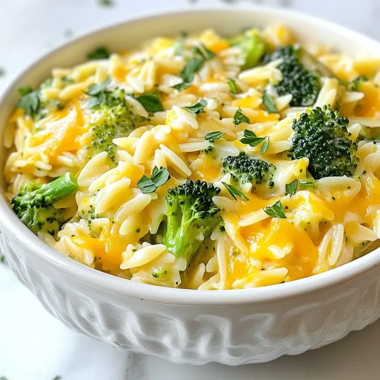 - 1 cup orzo pasta - 2 cups broccoli florets - 4 cups vegetable broth - 1 cup sharp cheddar cheese, shredded - 1 cup heavy cream - 2 tablespoons olive oil - 1 small onion, finely chopped - 2 cloves garlic, minced - 1/2 teaspoon paprika - Salt and pepper to taste - Fresh parsley, chopped (for garnish) Use sharp cheddar for a bold flavor. It melts well and adds creaminess. Fresh broccoli gives a nice crunch and vibrant color. You can use frozen broccoli if fresh is not available. Make sure to chop it into small pieces for even cooking. The vegetable broth adds depth. Choose a low-sodium version if you want to control salt levels. If you need a dairy-free option, use cashew cream instead of heavy cream. For cheese, try a dairy-free cheddar or nutritional yeast for a cheesy flavor. If you don't have orzo, use another small pasta like ditalini or even rice. You can also swap olive oil for butter for a richer taste. {{ingredient_image_1}} First, grab a medium pot and bring 4 cups of vegetable broth to a boil. This broth adds great flavor to our orzo. Once boiling, add 1 cup of orzo pasta. Cook it for about 8-10 minutes. Stir it occasionally to keep it from sticking. You want the orzo to be al dente, so check it a minute early. After cooking, drain any extra liquid. While the orzo cooks, heat 2 tablespoons of olive oil in a large skillet over medium heat. Add a small onion, finely chopped. Sauté it for about 4-5 minutes until it looks translucent. This step builds a nice base of flavor. Next, add 2 cloves of minced garlic and cook for 1-2 minutes. You’ll smell its rich aroma. Now, toss in 2 cups of broccoli florets. Stir for about 2 minutes until they turn bright green. This keeps them crunchy and fresh. Once your orzo is ready, add it to the skillet with the broccoli. Pour in 1 cup of heavy cream and mix well. Let the mixture simmer for about 3-4 minutes. It will thicken slightly. Gradually add 1 cup of shredded sharp cheddar cheese, stirring as you go. Keep mixing until the cheese melts and the sauce becomes creamy. Season with 1/2 teaspoon of paprika, salt, and pepper to taste. Mix everything together for a deliciously creamy finish. Let it sit for a minute before serving. To cook orzo perfectly, start with boiling salted water. Add the orzo to the pot and stir. This helps prevent sticking. Cook it until al dente, which takes about 8 to 10 minutes. Drain any extra water promptly. Overcooked orzo can turn mushy. Rinse it under cold water if you're not using it right away. This stops the cooking process. For a creamy texture, heavy cream is key. Add it after the orzo is cooked and drained. Let it simmer gently. This helps it blend well with the cheese. Gradually stir in sharp cheddar cheese. This keeps the sauce smooth. If it gets too thick, add a splash of vegetable broth. This will bring it back to life. Spices can take your dish to the next level. A pinch of paprika adds warmth and a nice color. Don’t forget salt and pepper to taste. They help balance the flavors. Fresh parsley is a great garnish too. It adds a pop of color and fresh flavor. Feel free to experiment with other spices you love! Pro Tips Use Fresh Broccoli: Fresh broccoli not only tastes better but also retains more nutrients compared to frozen broccoli. Choose bright green florets for the best flavor. Cheese Selection: For a more complex flavor, try mixing different types of cheese like Gruyère or Monterey Jack with the sharp cheddar. This will elevate the creaminess and taste. Cooking Orzo: Be careful not to overcook the orzo; it should be al dente before combining with the other ingredients. This prevents it from becoming mushy in the final dish. Garnishing: For an extra burst of flavor, consider adding a squeeze of lemon juice or a sprinkle of red pepper flakes before serving. This can brighten the dish beautifully. {{image_2}} You can boost your Creamy Broccoli Cheddar Orzo by adding protein. Chicken or turkey works great. Simply cook the meat in the skillet before adding the onion. If you prefer seafood, shrimp adds a nice touch. Just sauté the shrimp until they turn pink. For a plant-based option, try adding chickpeas or lentils. They give you protein and fiber while keeping it hearty. To make this dish vegetarian, skip the meat and use vegetable broth. For a vegan version, swap the heavy cream with coconut milk or cashew cream. Use vegan cheddar cheese for a cheesy flavor. If you want more nutrients, add spinach or kale. These greens blend well and add a lovely color. You can change the veggies based on the season. In spring, try asparagus or peas for a fresh taste. In summer, zucchini and bell peppers are great choices. For fall, consider adding squash or carrots. Winter brings hearty veggies like Brussels sprouts or kale. Each swap will change the flavor and keep the dish exciting. To store leftovers of your creamy broccoli cheddar orzo, let it cool first. Place the orzo in an airtight container. Make sure to seal it well. Store it in the fridge for up to three days. If you want to keep it longer, consider freezing it. When you’re ready to enjoy the leftovers, reheating is easy. You can use a microwave or a stovetop. If using a microwave, place the orzo in a bowl. Add a splash of water or cream to keep it moist. Heat in short bursts, stirring in between. For stovetop, warm it in a skillet over low heat. Stir often and add a bit of cream if needed. If you freeze your creamy broccoli cheddar orzo, it can last for up to three months. To freeze, place it in a freezer-safe container. Leave some space at the top for expansion. When you want to eat it, take it out and thaw it in the fridge overnight. Reheat as mentioned before for the best taste and texture. Yes, you can use other cheeses. Try mozzarella, gouda, or even cream cheese. Each cheese adds a different flavor. For a tangy taste, use feta. If you want it extra creamy, go for cream cheese. Just remember to adjust the amount to your taste. To make this dish gluten-free, use gluten-free orzo. Many stores sell it now. Also, check the vegetable broth for gluten-free labels. This way, you can enjoy this creamy dish without worry. You can serve it with a fresh salad. A crunchy green salad pairs well. Grilled chicken or shrimp makes a nice addition too. For a light touch, serve with garlic bread or a warm baguette. Each option enhances your meal and adds variety. This blog post covered how to make Creamy Broccoli Cheddar Orzo. We explored the key ingredients and suggested substitutes. I provided step-by-step cooking instructions to help you get the best results. You learned tips for a creamy texture and flavor enhancements. We also discussed variations for different diets and how to store leftovers properly. In closing, this dish is versatile, easy, and satisfying. Experiment with flavors and enjoy your cooking!