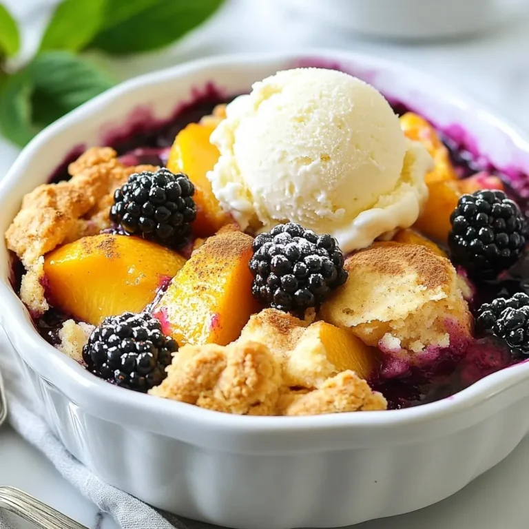 For this cobbler, you need fresh blackberries and peaches. Use 2 cups of blackberries and 2 cups of peaches, peeled and sliced. The blackberries bring a sweet-tart flavor. The peaches add a warm, juicy taste. Together, they create a wonderful mix. You want ripe fruits for the best taste. Check for firmness and color. Darker blackberries and vibrant peaches work best. Next, gather your dry ingredients. You will need 1 cup of all-purpose flour and 1 cup of granulated sugar. Split the sugar into two parts: 1/2 cup for the fruit mixture and 1/2 cup for the batter. Add 1 teaspoon of baking powder to help the batter rise. Include 1/4 teaspoon of salt to enhance the flavors. For added warmth, use 1/2 teaspoon of ground cinnamon. This spice pairs well with fruits. Finally, gather your wet ingredients. You will need 1 cup of milk and 1/4 cup of unsalted butter, melted. The milk makes the batter creamy. The melted butter adds richness. For flavor, include 1 tablespoon of lemon juice and 1 teaspoon of vanilla extract. The lemon juice balances the sweetness, and vanilla gives warmth. These ingredients come together to create a delicious cobbler base. {{ingredient_image_1}} To start, gather your fruit. You need 2 cups of fresh blackberries and 2 cups of fresh peaches. Peel and slice the peaches. I love using fresh fruit for the best taste. In a large bowl, mix the blackberries and sliced peaches. Add 1/2 cup of granulated sugar, 1 tablespoon of lemon juice, and 1 teaspoon of vanilla extract. Toss the fruit gently. You want the sugar to coat the fruit. Spread this mixture evenly in a greased 9x13 inch baking dish. In another bowl, measure out 1 cup of all-purpose flour. Add the remaining 1/2 cup of sugar, 1 teaspoon of baking powder, 1/4 teaspoon of salt, and 1/2 teaspoon of ground cinnamon. Whisk these dry ingredients together. Pour in 1 cup of milk and 1/4 cup of melted unsalted butter. Stir until just combined. The batter should be a bit lumpy. Don’t overmix! This helps create a light texture. Now, it’s time to assemble! Gently pour the batter over the fruit mixture in the baking dish. Do not stir. The batter will rise as it bakes. Place the dish in your preheated oven at 350°F. Bake for 40 to 45 minutes. Look for a golden brown top. To check if it’s done, insert a toothpick into the batter. If it comes out clean, it’s ready. Let the cobbler cool for about 10 minutes before serving. Enjoy it warm! For the best cobbler, follow these tips. Use ripe blackberries and peaches. Their natural sweetness shines through. Mix the fruit gently to avoid crushing them. This keeps the berries intact. When mixing dry ingredients, whisk them well. This helps blend the baking powder and salt evenly. Remember, don’t overmix the batter. A lumpy batter creates a tender texture. Pour the batter over the fruit gently. This allows it to rise beautifully while baking. Serve your cobbler warm for the best taste. Place generous scoops in bowls. Topping it with vanilla ice cream makes it extra special. The cold ice cream melts into the warm cobbler, creating a dreamy mix. Consider adding a sprig of mint on top. It adds a fresh look and a hint of flavor. For a twist, serve with whipped cream or yogurt. Both options add creaminess without overpowering the cobbler. Pair your cobbler with simple toppings. A drizzle of honey enhances the sweetness. For a crunchy texture, add crushed nuts or granola. If you like spice, sprinkle some cinnamon on top. This adds warmth and depth to each bite. Fresh berries can also make a nice garnish. They bring a burst of color and flavor. Enjoy the cobbler with a cup of tea or coffee. This balances the dessert and makes it feel even more special. Pro Tips Use Ripe Peaches: Ensure your peaches are perfectly ripe for optimal sweetness and flavor. They should be slightly soft to the touch with a fragrant aroma. Mixing the Batter: Avoid overmixing the batter to keep it light and fluffy. A few lumps are perfectly fine and will result in a better texture. Serving Suggestions: For an indulgent treat, serve your cobbler warm with a scoop of vanilla ice cream or whipped cream. The contrast in temperatures is delightful! Storing Leftovers: If you have any leftovers, store them in an airtight container in the fridge for up to 3 days. Reheat in the oven for the best texture. {{image_2}} You can mix it up with other fruits. Instead of blackberries and peaches, try strawberries and blueberries. The bright colors and sweet tastes make a fun twist. You can also use apples or pears for a fall vibe. The key is to balance sweet and tart flavors. Feel free to experiment! If you need a gluten-free option, use almond flour or rice flour. These flours work well in this recipe. Just replace the all-purpose flour with your choice. You might need to add a bit more sugar to balance the flavors. The cobbler will still be tasty and satisfying. To make this cobbler vegan, swap milk with almond or oat milk. You can also use vegan butter instead of regular butter. For the egg, you can use flaxseed meal mixed with water. This will bind the ingredients just right. Your cobbler will be just as delicious and friendly for all diets! To keep your blackberry peach cobbler fresh, let it cool first. Once cool, cover the dish with plastic wrap or foil. You can store it in the fridge for up to three days. This helps keep the flavors intact. If you want to keep it longer, freezing is a great option. When you are ready to eat the leftovers, preheat your oven to 350°F (175°C). Place the cobbler in a baking dish. Cover it with foil to keep it moist. Heat for about 20 minutes. If you like a crisp top, remove the foil for the last 5 minutes. You can also microwave individual portions for quick warmth. To freeze blackberry peach cobbler, make sure it is completely cool. Cut it into portions, then wrap each piece in plastic wrap. Place the wrapped pieces in a freezer-safe bag. Label the bag with the date. You can freeze it for up to three months. When you are ready to enjoy, thaw it in the fridge overnight before reheating. Yes, you can use frozen blackberries. They are easy to find and taste great. Just remember to thaw them first. Drain any extra juice to keep the cobbler from getting too soggy. This way, you still get that sweet flavor and juicy texture. To change the sweetness, you can add or reduce the sugar. If you like it less sweet, use only 1/4 cup of sugar. If you want it sweeter, add a little more. You could also use honey or maple syrup for a different taste. Always taste the fruit mixture before baking. This helps you find the right balance. I love serving Blackberry Peach Cobbler warm. It pairs well with a scoop of vanilla ice cream. The cold ice cream melts a little on the warm cobbler, which is pure joy. You can also add a sprig of mint for a fresh touch. It looks nice and adds flavor. In this article, I covered making a delicious blackberry peach cobbler. We went over fresh fruits, dry ingredients, and wet ingredients. Then, we walked through preparing the fruit, making the batter, and baking it. I shared tips for texture, serving ideas, and variations like gluten-free options. Storing tips help keep leftovers fresh, and I answered common questions too. Now, you can enjoy a tasty cobbler anytime. With these steps, you'll impress anyone who tries it! Happy baking!