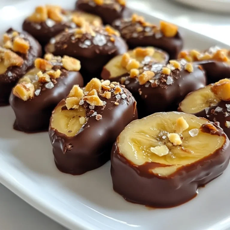 - 2 ripe bananas - 1 cup dark chocolate chips (or melting chocolate) - 1 tablespoon coconut oil - Sea salt, for sprinkling - Crushed nuts - Shredded coconut - Sprinkles - Microwave-safe bowl - Baking sheet - Parchment paper - Fork or dipping tool These ingredients combine to create a sweet and tasty treat. The ripe bananas give a soft texture. Dark chocolate adds a rich flavor. Coconut oil helps the chocolate melt smoothly. You can also choose fun toppings to make your bites special. The baking sheet and parchment paper will help with easy cleanup. {{ingredient_image_1}} Start by peeling the bananas. Use ripe bananas for the best flavor. Slice them into ½ inch thick rounds. Set these slices aside on a plate. This step is key for even coating and easy eating. Grab a microwave-safe bowl. Add 1 cup of dark chocolate chips and 1 tablespoon of coconut oil. The oil helps make the chocolate smooth. Microwave the bowl in 30-second bursts. Stir after each burst until the chocolate melts completely. This usually takes about 1 to 2 minutes. Be careful not to overheat it. Line a baking sheet with parchment paper. This will prevent the banana bites from sticking. Dip each banana slice into the melted chocolate. Make sure each piece is fully coated. Place the chocolate-covered slice on the baking sheet. If you want extra flavor, sprinkle sea salt or toppings on while the chocolate is still wet. Once all slices are coated, place the baking sheet in the freezer. Let them chill for about 30 minutes. This helps the chocolate harden. After chilling, the chocolate will be firm. You can enjoy them right away or store them in an airtight container in the freezer for up to a week. I love dark chocolate for banana bites. It gives a rich taste. You can also use milk chocolate if you prefer a sweeter option. Make sure to choose high-quality chocolate chips or melting chocolate. This choice makes a big difference in flavor. If you want a smooth finish, look for chocolate with a higher cocoa butter content. It melts better and coats the bananas nicely. To get a good coat, ensure bananas are dry before dipping. Moisture can cause the chocolate to slide off. Dip each slice fully in the melted chocolate. Use a fork to lift it out. Let excess chocolate drip off before placing it on the parchment paper. If you want a thicker layer, dip again once the first coat sets slightly. This adds depth to the flavor and keeps the bananas more covered. Sprinkling sea salt on the chocolate adds a nice touch. The salt enhances the sweetness of the banana. You can also experiment with toppings. Crushed nuts add crunch, while shredded coconut brings a tropical vibe. Try adding colorful sprinkles for fun and flair. Each topping can change the taste and look of your bites, making them exciting for kids and adults alike. Pro Tips Choose the Right Bananas: Make sure your bananas are ripe but not overripe. Ripe bananas have a perfect sweetness that complements the chocolate. Use Quality Chocolate: Opt for high-quality dark chocolate for the best flavor. The richer the chocolate, the more delicious your bites will be. Experiment with Toppings: Don't be afraid to get creative with your toppings! Try different combinations of nuts, coconut, or even a drizzle of caramel for added flavor. Storage Tips: Store the banana bites in an airtight container in the freezer to maintain their texture and prevent freezer burn. {{image_2}} You can make your chocolate covered banana bites even more fun with toppings. Consider crushed nuts like almonds or walnuts. They add a nice crunch. You can also sprinkle shredded coconut for a tropical twist. If you want some color, add sprinkles on top. These toppings bring extra flavor and texture to your bites. While dark chocolate is rich and deep, you can try other types too. Milk chocolate offers a sweeter taste. It pairs well with bananas. White chocolate gives a creamy finish. You can even mix chocolates for a unique look and flavor. Each chocolate type changes the overall taste of your banana bites. Get creative with flavors! You can add a dash of cinnamon to the melted chocolate. This adds warmth and spice. Try a bit of vanilla extract for a sweet aroma. If you like heat, a pinch of cayenne pepper can surprise your taste buds. These small changes can elevate your banana bites to a new level. To keep your chocolate covered banana bites fresh, store them in an airtight container. This will prevent them from absorbing moisture or odors. You can layer them with parchment paper to avoid sticking. This method helps maintain their shape and taste. If you want to keep them longer, freezing is a great option. Place your banana bites in a single layer on a baking sheet. Freeze for about 30 minutes until firm. Once set, transfer them to an airtight container or a freezer bag. They will stay fresh for up to a week. Just remember to let them thaw a bit before enjoying. You can keep pre-made bites in the fridge for a quick snack. They last about three days in the fridge. Just make sure the container is sealed tightly. If you want them to last longer, I recommend freezing them. This way, you always have a tasty treat on hand! Yes, you can use milk chocolate. It will make the bites sweeter. The taste will change, but they will still be yummy. Just melt it the same way as dark chocolate. Chocolate-covered bananas last about one week in the freezer. Store them in an airtight container. They stay fresh and taste great when you want a sweet treat. You can use butter or any neutral oil. These will work well in melting the chocolate. Choose an option that fits your taste. Yes, you can make these ahead of time. Just prepare and freeze them. They are a quick snack when you need something sweet. You now know how to make delicious chocolate-covered banana bites. We covered key ingredients, essential tools, and easy steps to prepare them. Tips on chocolate choice and storage ensures the best results. You can even try fun variations to suit your taste. With these skills, you can enjoy a tasty treat anytime. Get creative and make it your own!