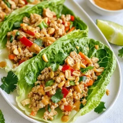 - 1 lb ground chicken - 2 tablespoons vegetable oil - 1 red bell pepper, diced - 1 carrot, finely shredded - 3 green onions, chopped - 3 cloves garlic, minced - 1 tablespoon fresh ginger, grated - 1/4 cup soy sauce - 2 tablespoons creamy peanut butter - 1 tablespoon rice vinegar - 1 tablespoon sriracha (adjust to taste) - 1 tablespoon honey - 1/4 cup chopped fresh cilantro - 1 head of butter lettuce or romaine, leaves separated for wrapping I choose ground chicken for its nice flavor and texture. It cooks quickly and stays juicy. Using fresh veggies like red bell pepper and carrot adds crunch. Garlic and ginger bring warmth and depth to the dish. The soy sauce and peanut butter create a rich sauce that ties it all together. - Chopped peanuts for garnish - Lime wedges for serving Garnishing with chopped peanuts adds a nice crunch. Lime wedges are perfect for squeezing over the wraps. This little touch brightens the flavors. You can also sprinkle extra cilantro for freshness. - Large skillet - Mixing bowls - Whisk - Wooden spoon A large skillet is essential for cooking the chicken and veggies. Mixing bowls help when preparing the sauce. A whisk makes combining ingredients easy. A wooden spoon is great for stirring everything in the skillet. {{ingredient_image_1}} First, heat vegetable oil in a large skillet over medium heat. Add the ground chicken. Cook until it turns brown and is fully cooked. This takes about 5 to 7 minutes. Stir often to break it up. You want every piece to cook evenly. Next, add diced red bell pepper, shredded carrot, chopped green onions, minced garlic, and grated ginger. Sauté these for about 3 to 4 minutes. You want the vegetables to be tender but still crisp. This step adds a nice crunch to your wraps. In a small bowl, whisk together soy sauce, creamy peanut butter, rice vinegar, sriracha, and honey. Make sure the mixture is smooth. Pour this sauce over the chicken and veggies in the skillet. Stir well to coat everything. Let it simmer for 2 to 3 minutes to heat through and meld the flavors. Remove the skillet from heat. Stir in chopped cilantro for freshness. To serve, take a lettuce leaf and spoon in a generous amount of the spicy peanut chicken mix. Garnish with chopped peanuts for crunch and a squeeze of lime juice for zing. Enjoy these wraps fresh and hot! For perfect wraps, pick soft lettuce. Butter lettuce works great. Its leaves are wide and flexible. Romaine is also good; just use the outer leaves. Avoid crispy types like iceberg. They break easily and do not hold well. Keep the lettuce fresh by storing it in water. This keeps it crisp for your meal. To control the heat, start with less sriracha. You can add more later. Mix in one tablespoon first, then taste. If you want it spicier, add more. For less heat, reduce the sriracha or skip it. You can also add honey to balance the spice. This gives a sweet touch that tones down the heat. Boost the flavor with extra veggies. Try adding mushrooms or zucchini for more texture. Chopped water chestnuts add a nice crunch. You can also use different herbs. Basil or mint can bring a fresh taste. For extra richness, top with avocado slices. Serve with lime wedges for a zesty kick. Pro Tips Adjust the Spice: If you prefer a milder flavor, reduce the amount of sriracha or substitute it with a milder chili sauce. Freshness Matters: Use fresh vegetables for the best texture and flavor in your wraps. Crunchy lettuce and vibrant bell peppers enhance the dish. Make It Ahead: You can prepare the chicken mixture in advance and store it in the fridge. Just reheat before serving for a quick meal. Creative Garnishes: Besides chopped peanuts and cilantro, consider adding julienned cucumbers or shredded cabbage for extra crunch and flavor. {{image_2}} To make the wraps vegetarian, swap the ground chicken for crumbled tofu or tempeh. Both options soak up flavors well and provide a nice texture. For a vegan twist, use maple syrup instead of honey. You can also add more veggies like mushrooms or zucchini for a heartier filling. If you want to change up your protein, try ground turkey or beef. Both give a different taste while still being delicious. You can also use shrimp or diced chicken breast for a lighter option. The key is to ensure that whatever protein you choose cooks evenly and absorbs the sauce flavors. You can play with the sauce to change the flavor profile. Try swapping the peanut butter for almond butter for a unique twist. For a kick, add more sriracha or chili paste. You can also mix in lime juice or sesame oil for added depth. Each change will create a new taste experience. To store leftover chicken filling, let it cool first. Then, place it in an airtight container. Keep it in the fridge for up to three days. Make sure to label the container with the date. This way, you know when to use it. To reheat the chicken filling, put it in a skillet over medium heat. Stir it often until it gets hot, about 5 minutes. You can also use a microwave. Heat it in a microwave-safe bowl for 1-2 minutes. Stir halfway through to heat evenly. If you want to freeze the chicken filling, use an airtight container or freezer bag. Make sure to remove as much air as possible. Label it with the date and contents. It will last for up to three months in the freezer. To thaw, put it in the fridge overnight before reheating. You can use ground turkey or even crumbled tofu. Both options work well. Ground beef adds a richer flavor, but it can be greasier. If you want a vegetarian choice, try mushrooms or lentils. They provide a nice texture and flavor. These wraps stay fresh for about two days in the fridge. Store the chicken mixture and lettuce separately. This keeps the lettuce crisp. If mixed, the lettuce may become soggy quickly. Yes, you can make the sauce ahead of time. Store it in a covered container in the fridge. It stays fresh for up to a week. Just give it a good stir before using it. Several sides go well with these wraps. You can serve rice or quinoa for a filling meal. A fresh salad adds a nice crunch. Try some pickled veggies for a tangy touch. They complement the wraps well. You learned about the key ingredients for Spicy Peanut Chicken Lettuce Wraps. We explored step-by-step cooking methods, tips for choosing the best lettuce, and ways to adjust spiciness. We also discussed variations, storage tricks, and answered common questions. These wraps are fun and easy to make. Customize them to suit your taste. Whether you serve them fresh or save leftovers, they're a delicious meal choice. Enjoy creating your own spicy treat!