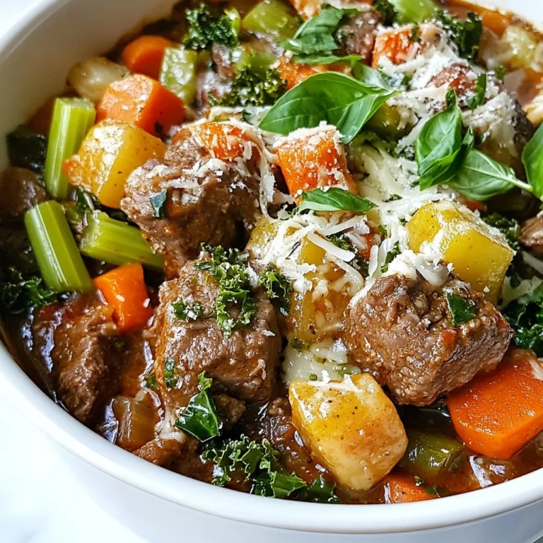 - 1.5 lbs beef chuck, cut into 1-inch cubes - 2 tablespoons olive oil - 1 medium onion, chopped - 3 cloves garlic, minced - 2 large carrots, diced - 1 celery stalk, diced - 1 can (14 oz) crushed tomatoes - 2 cups beef broth - 2 teaspoons dried oregano - 1 teaspoon dried rosemary - Salt and black pepper to taste - 1 cup green beans, trimmed and halved - 2 cups kale, chopped - 1 cup grated Parmesan cheese (plus extra for serving) - 1 tablespoon fresh basil, chopped (for garnish) When making Tuscan Beef Casserole, you start with hearty beef chuck. This cut is flavorful and tender when cooked slowly. I love using olive oil to sear the beef. It gives the meat a nice crust. Next, I add fresh vegetables. The mix of onion, garlic, carrots, and celery brings great depth. These veggies soften and sweeten as they cook. For flavor, crushed tomatoes and beef broth are key. They form a rich base. Dried oregano and rosemary add an authentic Tuscan taste. Don't forget to season with salt and pepper. Finally, you can top your casserole with cheese and fresh herbs. Grated Parmesan adds a nice creaminess. Fresh basil brings a bright touch. These toppings make the dish look and taste fantastic. {{ingredient_image_1}} Start by heating your Dutch oven on medium-high heat. Pour in two tablespoons of olive oil. When the oil is hot, add your beef cubes in batches. Brown them on all sides for about 5 minutes. This step adds deep flavor. Once browned, remove the beef and set it aside. In the same pot, add one chopped onion and three minced garlic cloves. Cook them for about 2 minutes. You want them soft and fragrant. Next, add two diced carrots and one diced celery stalk. Sauté these for around 5 minutes until they soften. Now it’s time to bring everything together. Return the beef to the pot. Add one can of crushed tomatoes and two cups of beef broth. Sprinkle in two teaspoons of dried oregano and one teaspoon of dried rosemary. Don’t forget salt and pepper to taste. Stir well to mix everything together. Bring the pot to a gentle boil. Once it bubbles, reduce the heat to low. Cover the pot and let it simmer for about 1.5 hours. This slow cooking makes the beef very tender. Stir occasionally to keep it from sticking. After 1.5 hours, add one cup of trimmed and halved green beans and two cups of chopped kale. Stir them into the casserole. Cook for an additional 15 minutes until the greens are wilted and tender. Finally, stir in one cup of grated Parmesan cheese until it melts. This gives the dish a creamy texture. Serve the casserole in bowls. Top with extra Parmesan and some fresh basil for a nice touch. Enjoy your comforting Tuscan Beef Casserole! Browning the meat is key. This step adds a rich taste. It also gives the dish depth. Make sure to cook the beef in batches. This ensures even browning. Don't crowd the pot. Season the beef well with salt and pepper. You can add dried herbs early for more flavor. This will enhance the dish as it cooks. A Dutch oven is best for this recipe. It holds heat well and cooks evenly. If you use a different pot, be careful. Cooking times may change. Chuck beef needs long cooking to become tender. If using a lean cut, check early. It cooks faster and can dry out. Pair the casserole with crusty bread. It soaks up the rich sauce well. You can also serve it with a fresh salad. This adds a nice crunch. For leftovers, try making a sandwich. Use the casserole as a filling. It tastes great and is easy to make. Pro Tips Choose the Right Cut: Use beef chuck for its rich flavor and tenderness after slow cooking; it becomes melt-in-your-mouth delicious. Layering Flavors: Sautéing the vegetables before adding them to the casserole enhances their sweetness and depth, making the dish more flavorful. Perfecting the Simmer: Allowing the casserole to simmer slowly breaks down the meat fibers, resulting in a tender and hearty texture. Serving Suggestions: Pair this dish with crusty bread or a fresh salad to complement the rich flavors of the casserole. {{image_2}} You can easily change up the proteins in this dish. Ground beef or turkey work well. They cook faster and provide a lighter option. If you want more flavor, use ground lamb. You can also switch the vegetables. Zucchini adds a nice texture. Spinach is great for a nutrient boost. You can be creative with what you have in your fridge. If you're looking for gluten-free options, use gluten-free broth. Check the labels on your canned tomatoes and cheese. They should be safe for gluten-free diets. For vegan adaptations, skip the beef and cheese. Use lentils or chickpeas for protein. They add a hearty feel. You can use vegetable broth and add more veggies like mushrooms or carrots. Bringing in regional herbs can enhance the flavor. Fresh thyme or sage can give your casserole a unique taste. You can experiment with using Italian herbs like basil or oregano for a classic touch. You can also create Italian-style variations. Try adding olives or capers for a salty kick. A splash of red wine can deepen the flavor and make it extra special. To store leftovers safely, let the casserole cool down first. Once it’s cool, place it in an airtight container. This helps keep out air and moisture. Use glass or plastic containers with tight lids. These are great for keeping food fresh. For reheating, the oven is best. Preheat it to 350°F (175°C). Place the casserole in a dish and cover it with foil. This keeps it moist. You can also use a microwave. Heat it in short bursts. Stir in between to keep the heat even. You can freeze this casserole for later. Let it cool completely before you freeze it. Use a freezer-safe container and leave some space at the top. This allows for expansion. When you are ready to eat it, thaw it overnight in the fridge. Reheat it in the oven or microwave as mentioned before. Tuscan Beef Casserole lasts about 3 to 4 days in the fridge. Make sure you cool it first before sealing it in an airtight container. This keeps it fresh and tasty for your next meal. Yes, you can make this casserole ahead of time. Cook it fully, then let it cool down. Store it in the fridge for up to 2 days before you want to serve it. Just reheat it on the stove or in the oven when you are ready to eat. This casserole pairs well with many sides. Some great options include: - Crusty bread - Garlic bread - A fresh green salad - Mashed potatoes - Steamed vegetables These sides add variety and balance to your meal. Absolutely! You can use chicken or turkey instead of beef. If you choose chicken, cut it into cubes like the beef. Adjust cooking times as needed, since chicken cooks faster than beef. Yes, you can make a vegetarian version! Use hearty vegetables like mushrooms, zucchini, and bell peppers instead of beef. You can also add lentils or beans for protein. Replace beef broth with vegetable broth for added flavor. This blog post shared a simple way to make Tuscan Beef Casserole. We covered key ingredients like beef chuck, olive oil, and crushed tomatoes. I walked you through every step, from searing the beef to adding greens. You also learned tips for flavor and storage. Remember, cooking is about creativity. Don't hesitate to try new ingredients or techniques. Enjoy your casserole and share it with others. Simple meals can bring joy and warmth to your table.