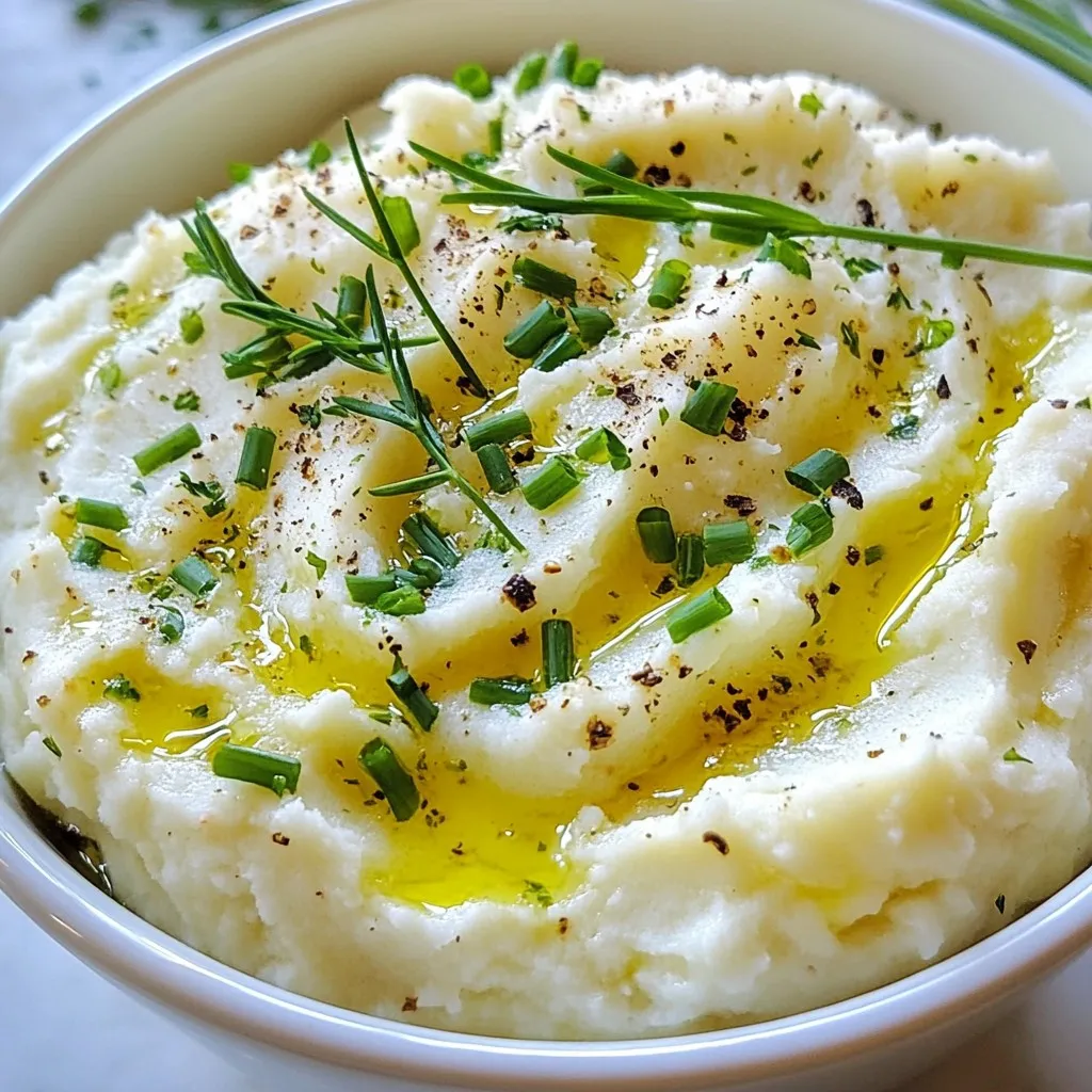 - 1 large head of cauliflower, cut into florets - 4 cloves of garlic, minced - 3 tablespoons olive oil - 1/4 cup sour cream or Greek yogurt - 1 teaspoon dried thyme - 1 teaspoon dried rosemary - Salt and pepper to taste - Fresh chives, chopped (for garnish) You can swap sour cream with Greek yogurt for a tangy taste. If you want a dairy-free option, use coconut cream instead. Instead of thyme and rosemary, you can use Italian seasoning or your favorite herbs. If you don’t have fresh chives, green onions work well too. Olive oil can be replaced with butter for a richer flavor. Cauliflower is low in calories but high in nutrients, making it a great choice for health. Garlic adds flavor and has good health benefits, like boosting your immune system. Olive oil gives healthy fats that are good for your heart. Sour cream or Greek yogurt adds creaminess and probiotics, which are great for digestion. The herbs bring in antioxidants and enhance the dish's flavor. {{ingredient_image_1}} To start, fill a large pot with water and add a pinch of salt. Bring the water to a boil. Once it bubbles, drop in the cauliflower florets. Cook them for about 10 to 12 minutes. You want them soft enough to mash easily. Use a fork to check if they are tender. Once done, drain the cauliflower well. Return it to the pot to keep it warm. While the cauliflower cooks, grab a small skillet. Pour in the olive oil and heat it on medium. When the oil is warm, add the minced garlic. Sauté it for about 2 to 3 minutes. Stir it often so it doesn’t burn. You want the garlic to smell great, not brown. Now it’s time to mash! Add the cooked cauliflower back to the pot. Pour in the sautéed garlic and oil mixture. Add the sour cream or Greek yogurt next. Then sprinkle in the dried thyme and rosemary. Use a potato masher or an immersion blender to mix everything together. Mash until it’s creamy but still has some texture. Taste and season with salt and pepper. Give it a good stir. Finally, transfer the mashed cauliflower to a serving dish. Top it with fresh chives for a pop of color and flavor. Enjoy your tasty side dish! To get the best texture, cook your cauliflower until it's fork-tender. This takes about 10-12 minutes. Drain the water well to avoid a watery mash. For a creamier mix, use a potato masher or an immersion blender. Blend until it’s as smooth as you like. If you want it chunkier, mash it less. You can also adjust the creaminess with sour cream or Greek yogurt. Garlic herb mashed cauliflower shines with the right flavors. Sauté the minced garlic in olive oil until it smells great but is not burnt. This adds depth and richness. Use dried thyme and rosemary for a nice herbal note. You can also play with fresh herbs like parsley or basil. Don't forget to taste and add salt and pepper to balance the flavors. Serve your mashed cauliflower warm. Top it with fresh chives for a pop of color and taste. This dish pairs well with grilled chicken, fish, or a hearty steak. You can also use it as a base for a veggie bowl. If you're feeling fancy, drizzle some extra olive oil on top before serving. Pro Tips Use Fresh Ingredients: Fresh garlic and herbs will elevate the flavor of your mashed cauliflower. Avoid dried herbs if possible for a more vibrant taste. Adjust the Creaminess: If you prefer a creamier texture, feel free to add more sour cream or Greek yogurt until you reach your desired consistency. Seasoning is Key: Always taste your mashed cauliflower before serving and adjust the seasoning. A touch of extra salt or pepper can make a big difference. Garnish for Presentation: Don't skip the fresh chives! They add a pop of color and a fresh flavor that complements the dish beautifully. {{image_2}} You can make Garlic Herb Mashed Cauliflower even lower in carbs. Swap sour cream for unsweetened almond milk. This change keeps it creamy without the carbs. You can also add a bit of cream cheese for richness. It adds flavor while keeping it low-carb. Cheese can take your mashed cauliflower to new heights. Try adding Parmesan or sharp cheddar. These cheeses add a nice salty edge. Cream cheese also works well, giving a rich texture. You can mix in any cheese you love for a personal touch. If you want to switch it up, use different herbs. Fresh parsley adds a bright taste. You can also try basil or dill for a fresh flavor. Experiment with your favorite herbs. They can bring a new twist to this dish and make it your own. After making Garlic Herb Mashed Cauliflower, let it cool first. Store it in an airtight container. It will stay fresh in the fridge for up to three days. When you want to eat it again, just scoop out the amount you need. You can freeze Garlic Herb Mashed Cauliflower, but it may change texture. Allow it to cool completely. Place it in a freezer-safe bag or container. It can last up to three months in the freezer. When you’re ready to use it, thaw it overnight in the fridge. Reheat the mashed cauliflower gently to keep it creamy. You can use the microwave or a stovetop. If using a microwave, heat in short bursts, stirring in between. If using a stovetop, add a splash of water or milk to help restore moisture. It’s ready when it’s hot but not boiling. Yes, you can make Garlic Herb Mashed Cauliflower ahead of time. Prepare it up to two days before serving. Store it in an airtight container in the fridge. When ready to serve, just reheat it gently on the stove or in the microwave. Add a splash of olive oil or a bit of sour cream to keep it creamy. To make Garlic Herb Mashed Cauliflower vegan, swap out the sour cream for a plant-based option. You can use vegan yogurt or a cashew cream. This change keeps the dish creamy while keeping it dairy-free. Also, ensure that your olive oil is pure and vegan-friendly. Garlic Herb Mashed Cauliflower pairs well with many dishes. Serve it alongside roasted chicken or grilled fish for a tasty meal. It also works great with vegetarian dishes like stuffed bell peppers or lentil stew. Add it to your table for a flavorful twist on mashed potatoes. In this article, we explored garlic herb mashed cauliflower. We discussed key ingredients and their benefits. You learned easy cooking steps, tips for texture, and flavor ideas. Variations can meet different diets and tastes. Finally, we shared best ways to store and reheat. This dish is not just healthy; it's also tasty. Enjoy making it your own!